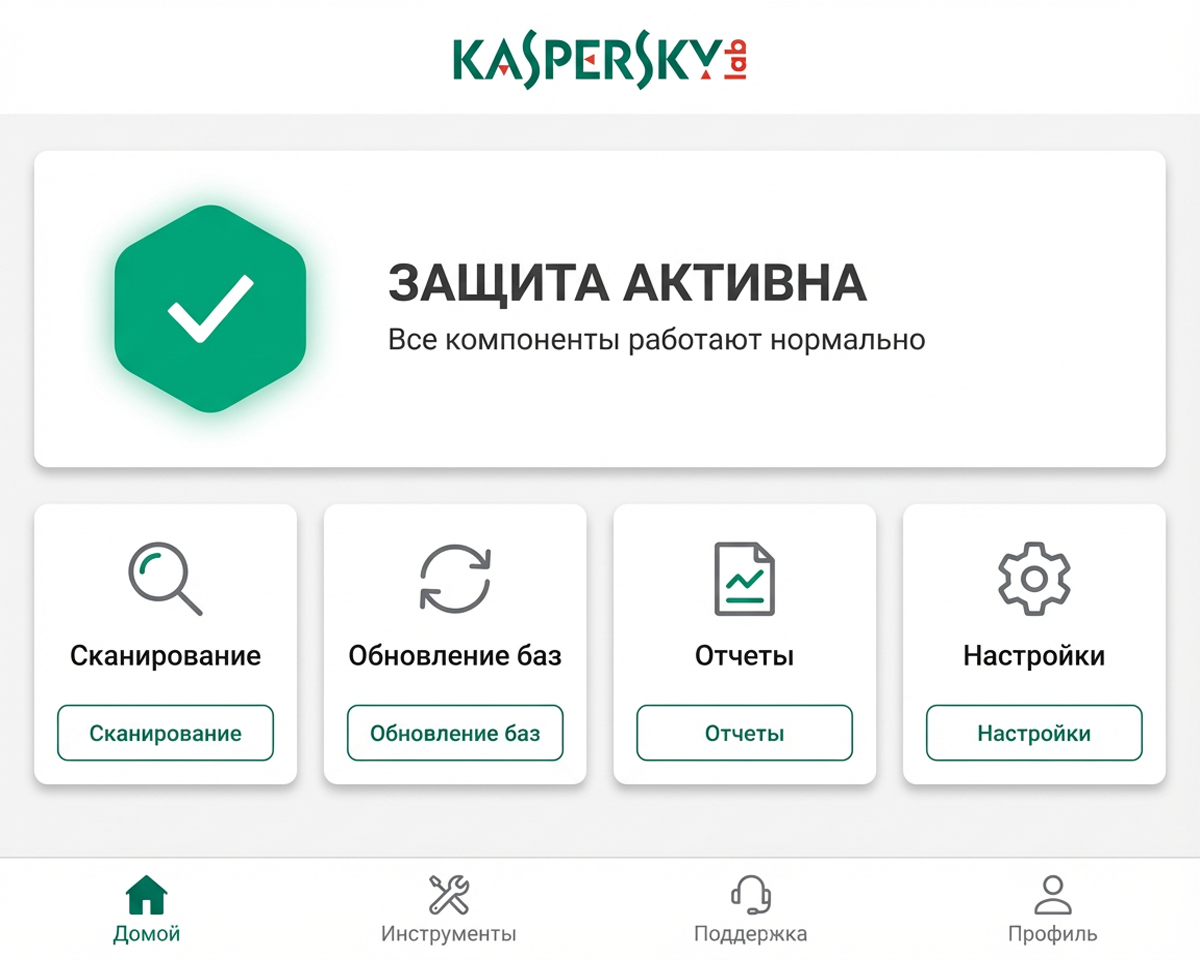 Пример главного экрана защиты Kaspersky с индикаторами статуса